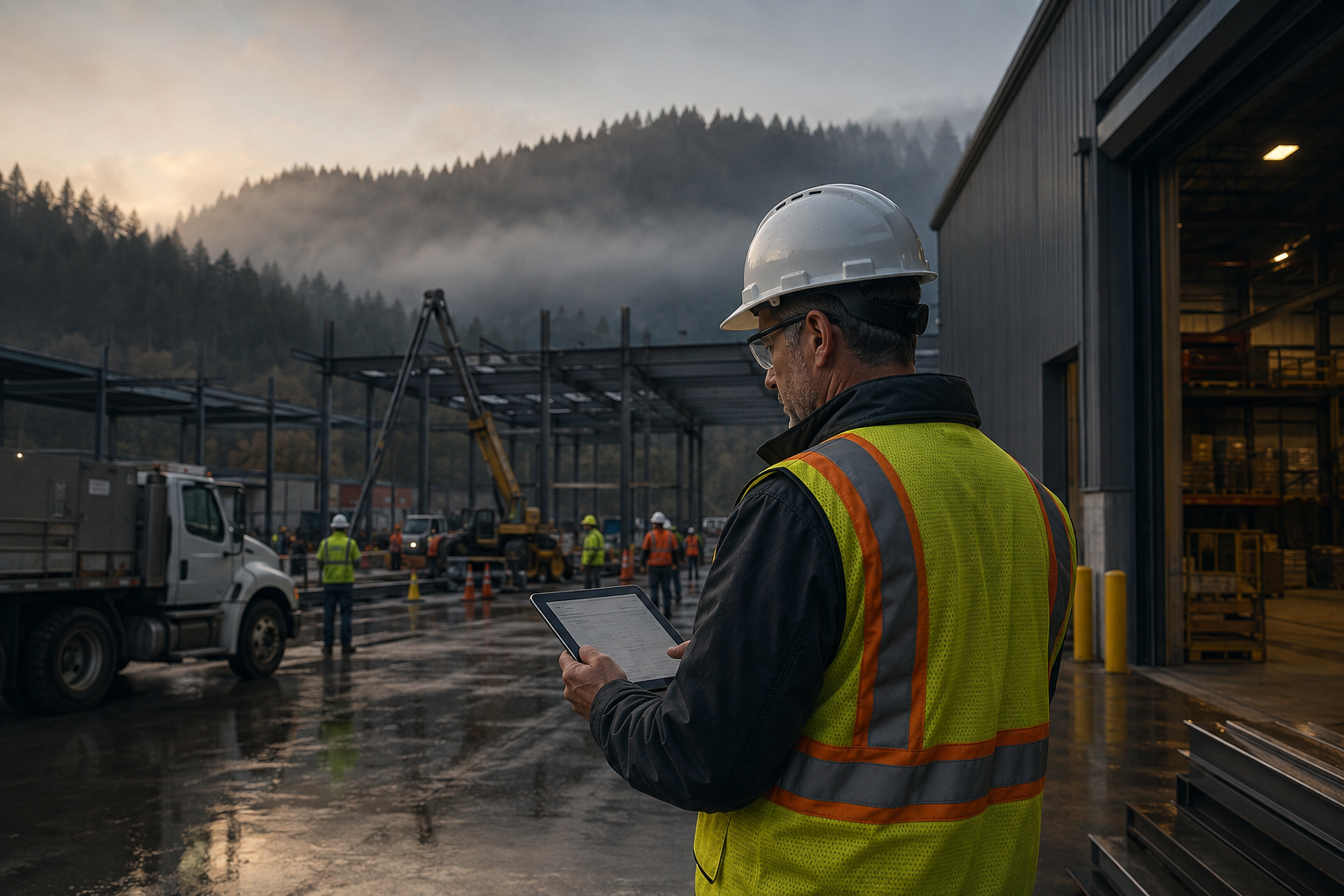 Safety consultant reviewing an industrial construction operation in the Pacific Northwest